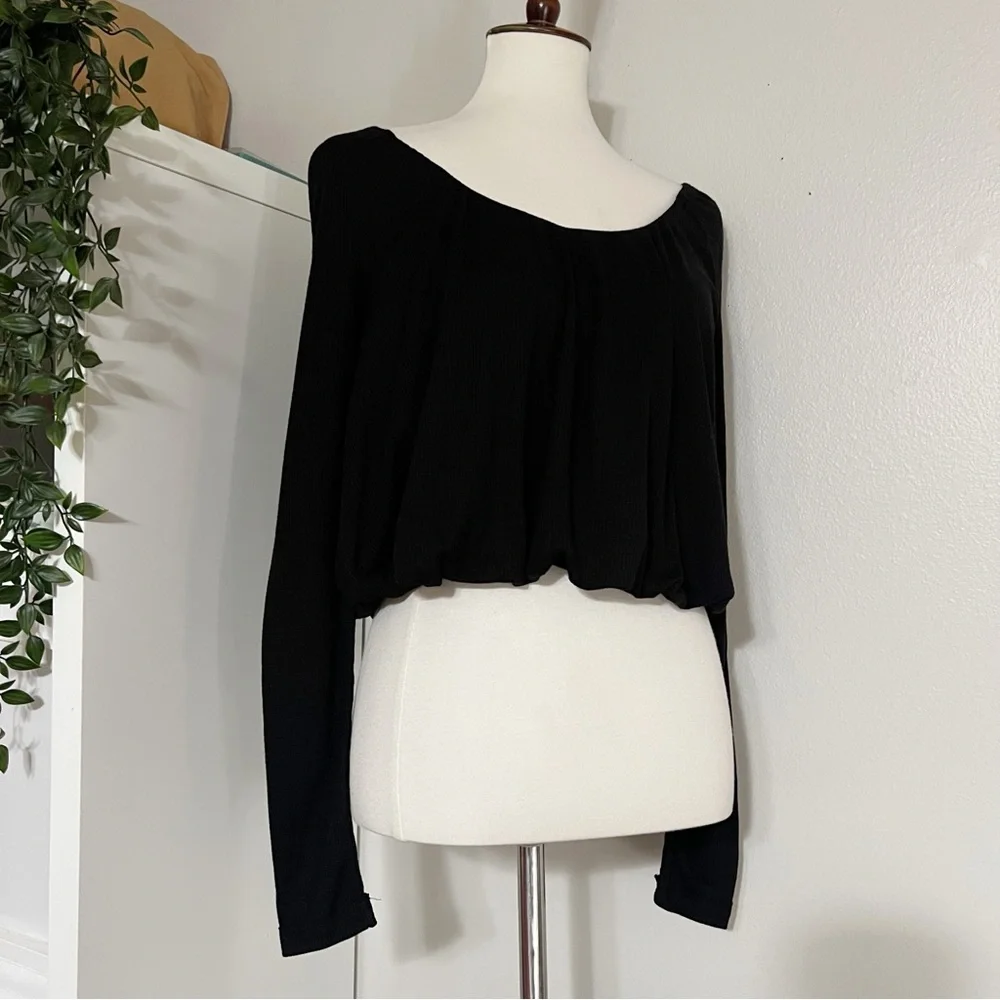 Free People Bondi Termal Long Sleeve Back Tie Top in‎ Black Size XSmall